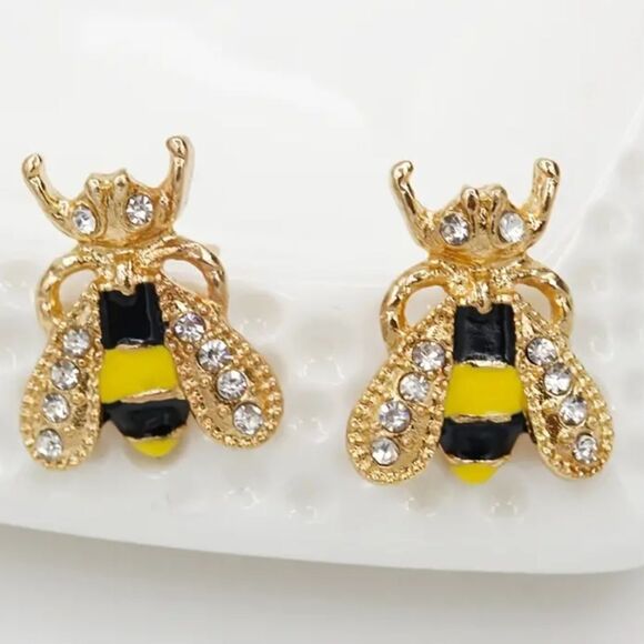 "Anita" 14K Gold Bumblebee Stud Earrings – Tiny Bees, Big Style Buzz - Picture 3 of 5